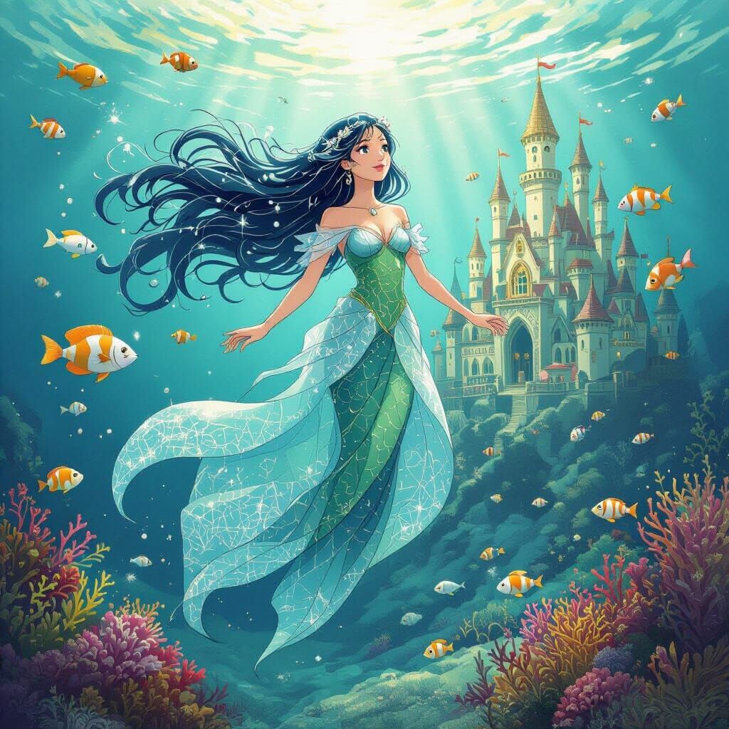 Enchanting Mermaid Before Underwater Castle