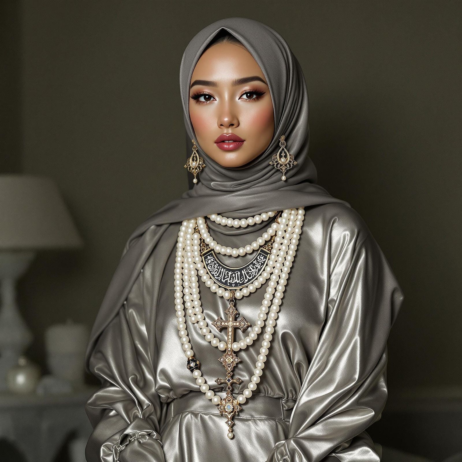 Asian Woman in Hijab with Pearl Body Chain, Digital Art