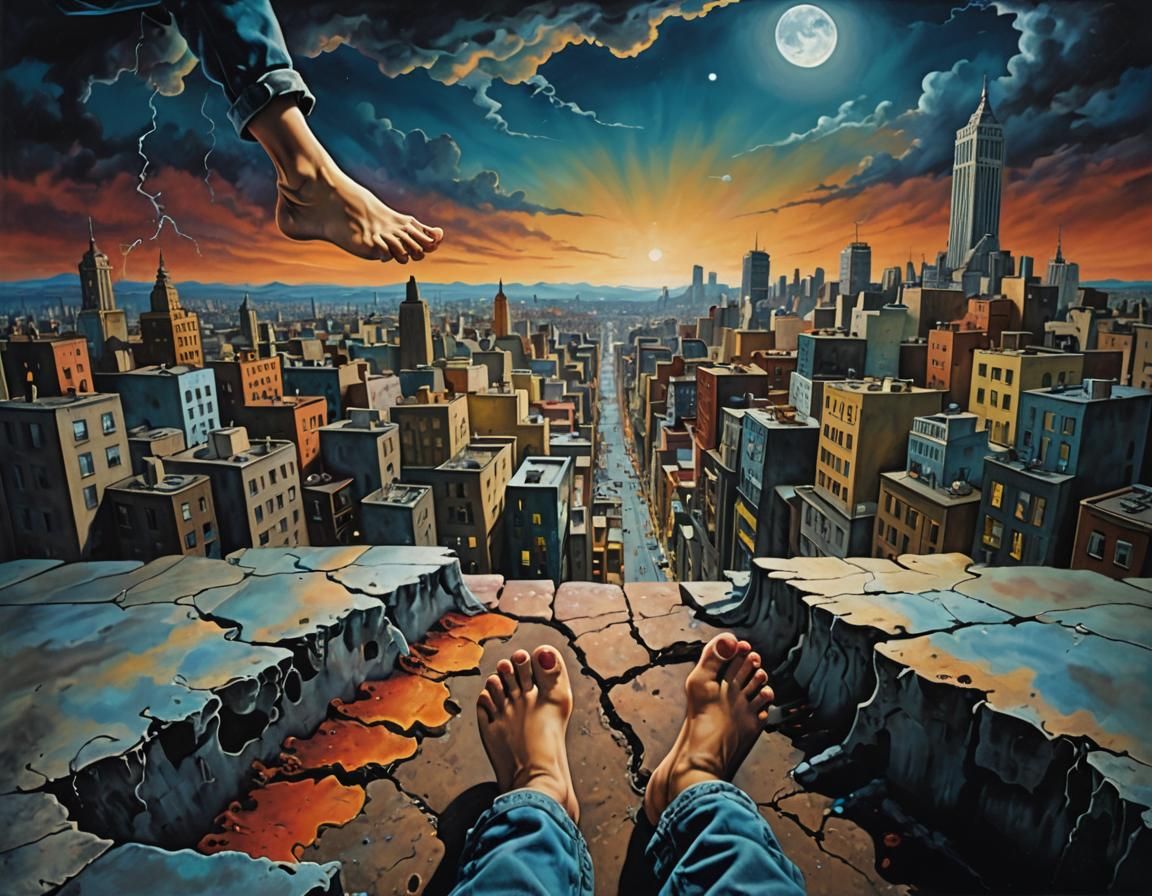 Surreal Child's Foot on City Crack in Dreamscape