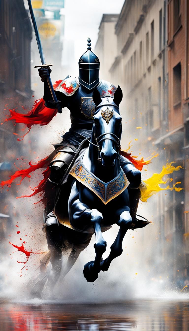 Photorealistic Black Knight Jousting: Graffiti Art Style