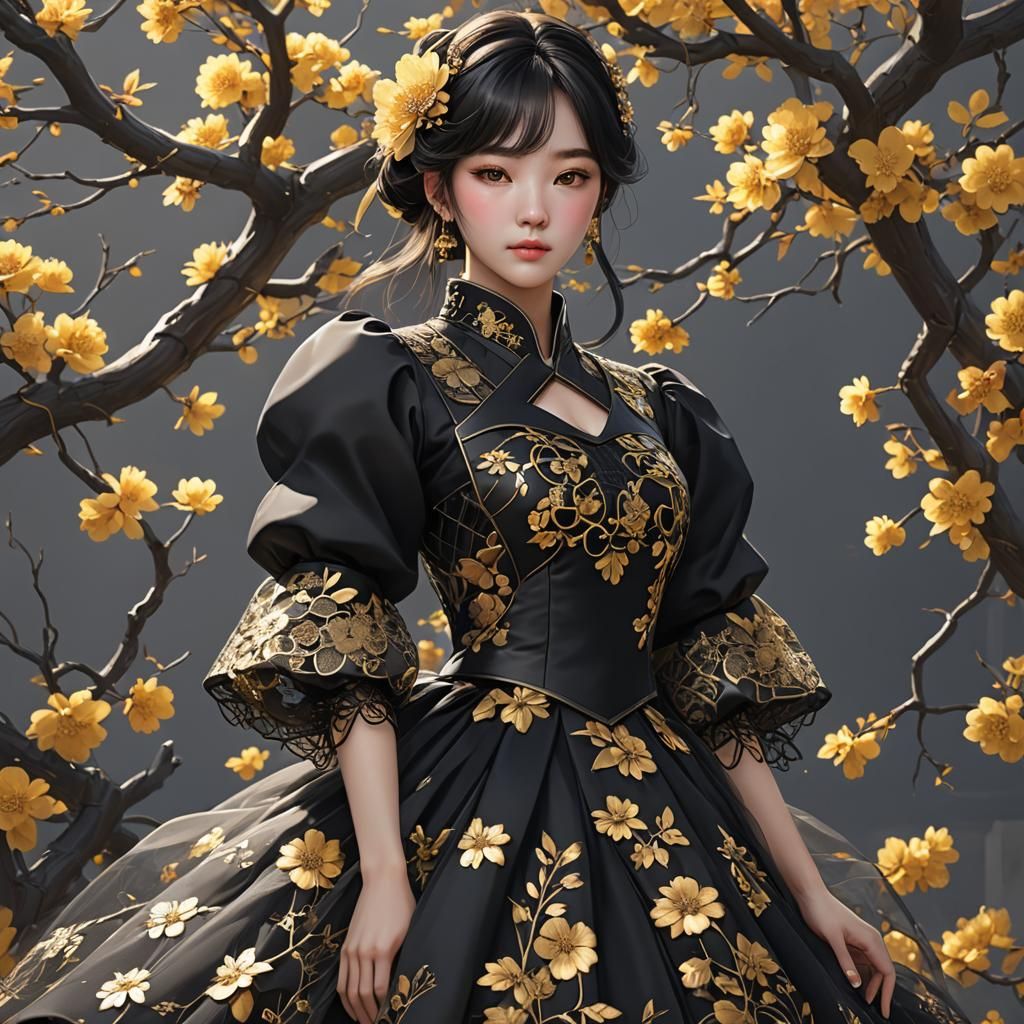 Black Korean Frock with Golden Flowers in 3D Anime Style