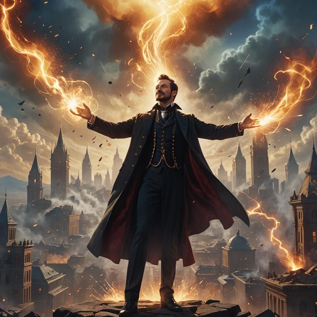 Victorious Illusionist in Mystical Cityscape: Cinematic Art