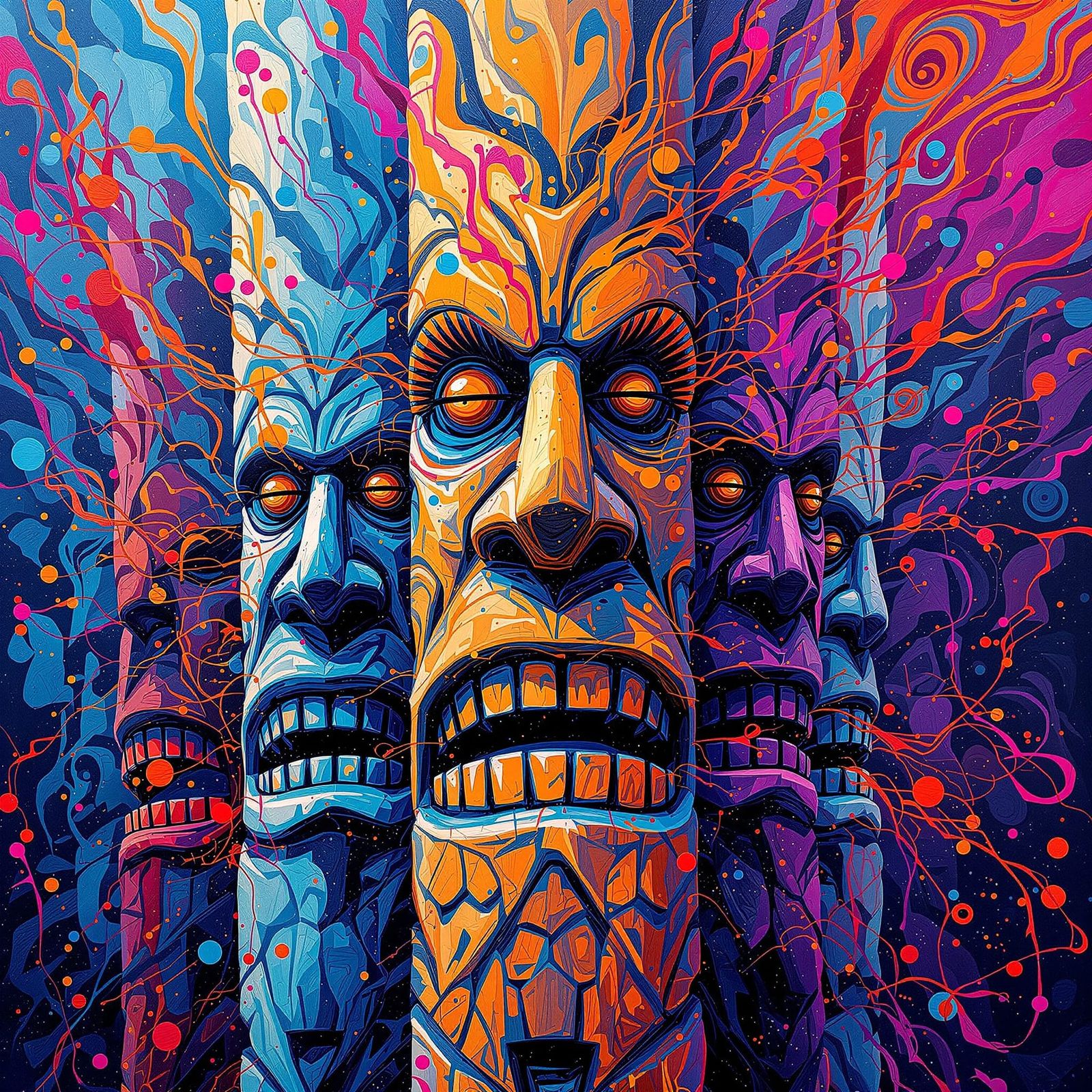 Explosive Color Swirls Obscure Intricate Tiki Figures