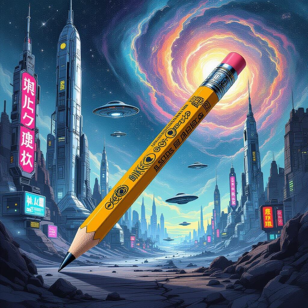 Pencil Sketch with Alien Symbols in Sci-Fi Landscape