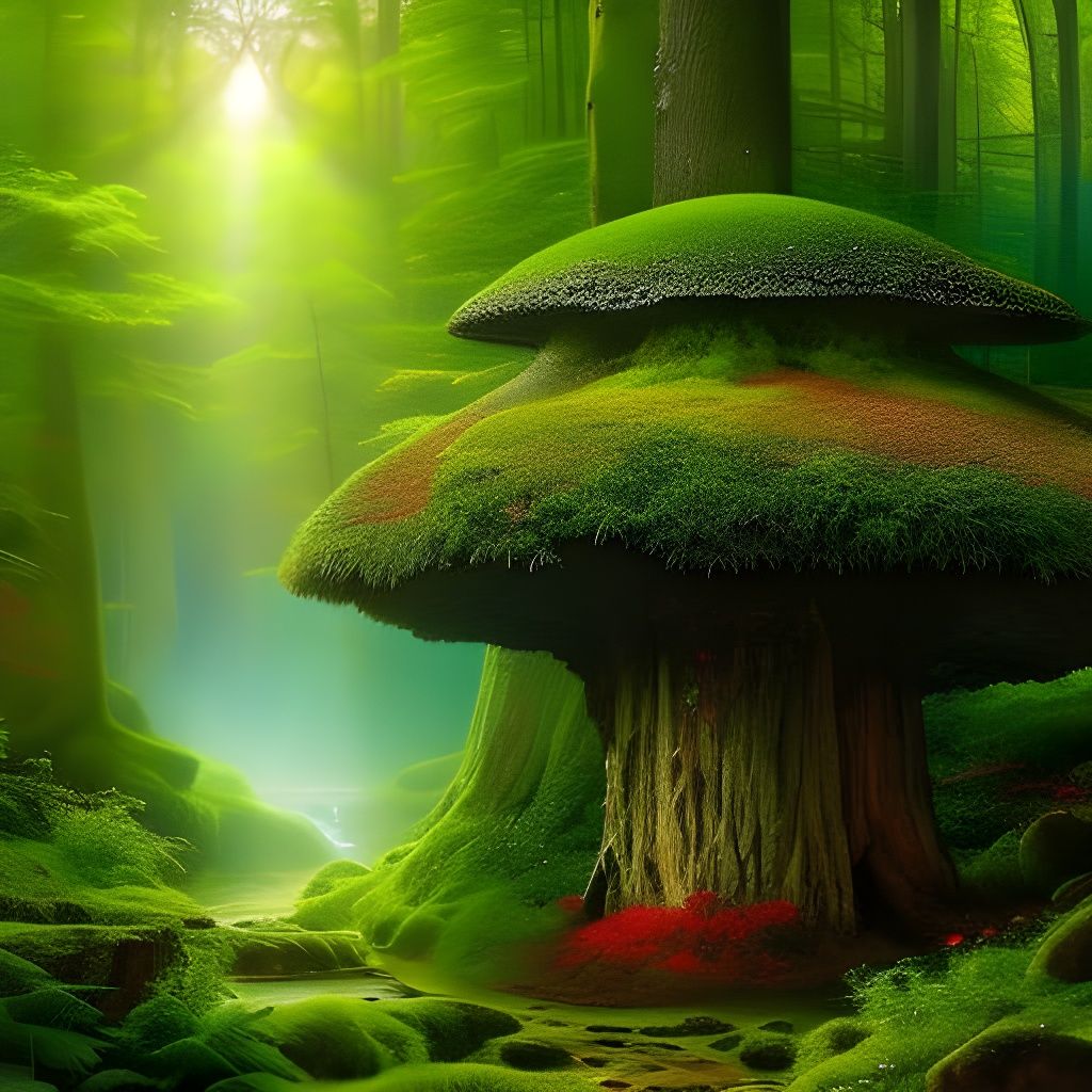 Enchanted Forest with Mushroom House in Kinkade Style