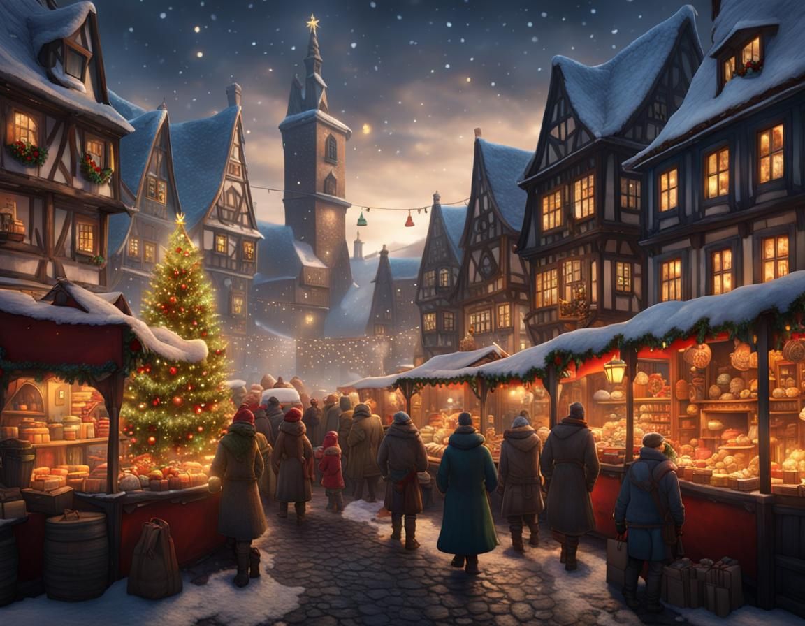 Festive Christmas Market in Fantasy Art Style