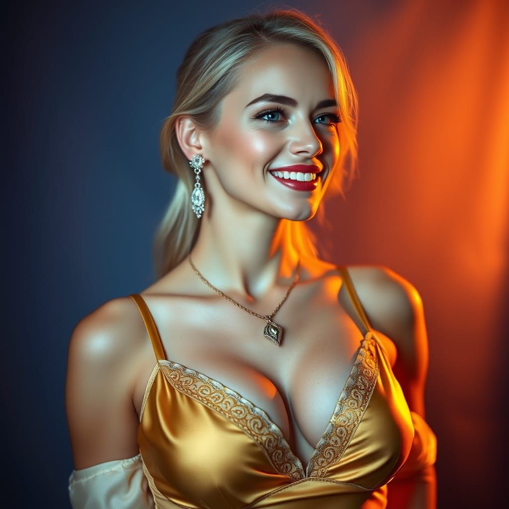 Glamorous Blonde Woman in Silk Bra Top and Diamond Jewelry