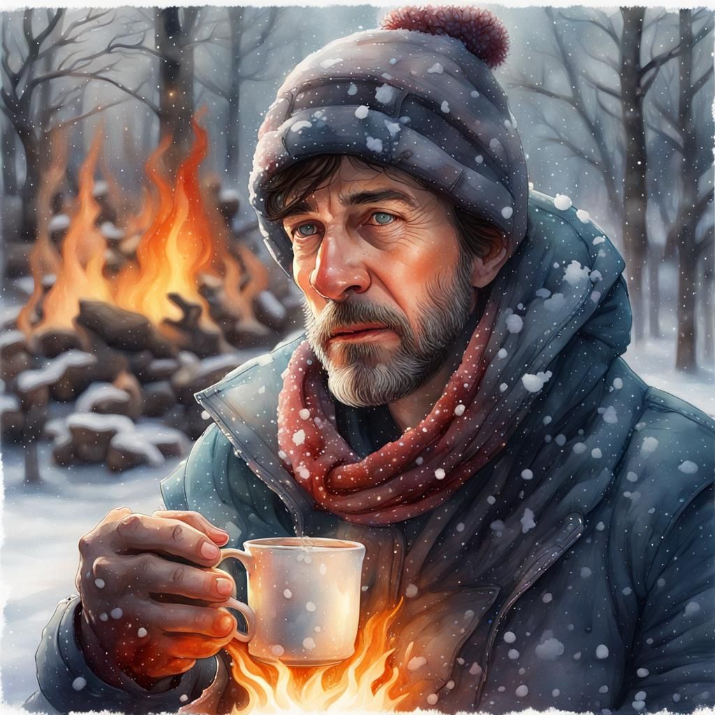 Watercolor Man Sipping Hot Chocolate by Campfire