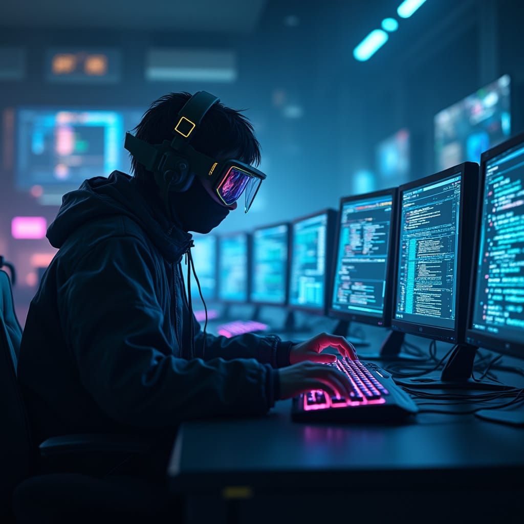 Futuristic Hacker in Dimly Lit Room, 3D Anime Art