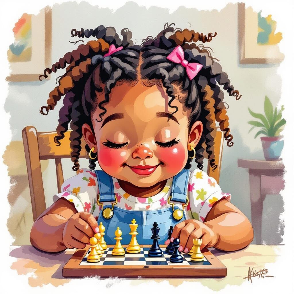 African American Girl Plays Chess with Cousin in Den