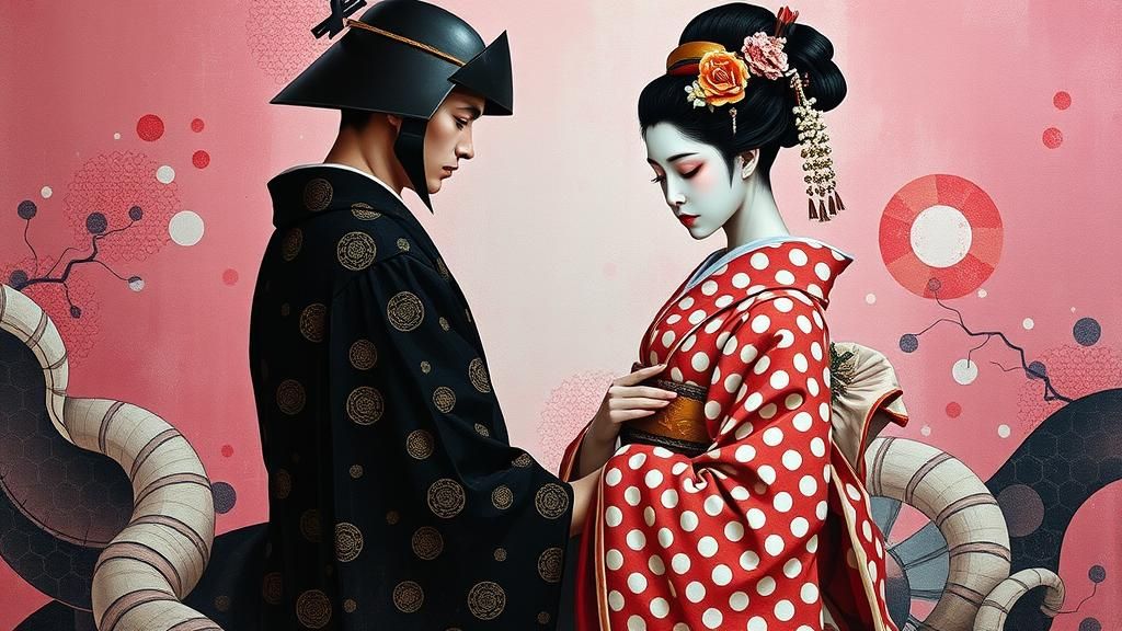 Noblewoman and Samurai Embrace in Surreal Setting