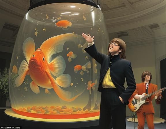 a huge goldfish-bowl, John Lennon trying to grab the fish