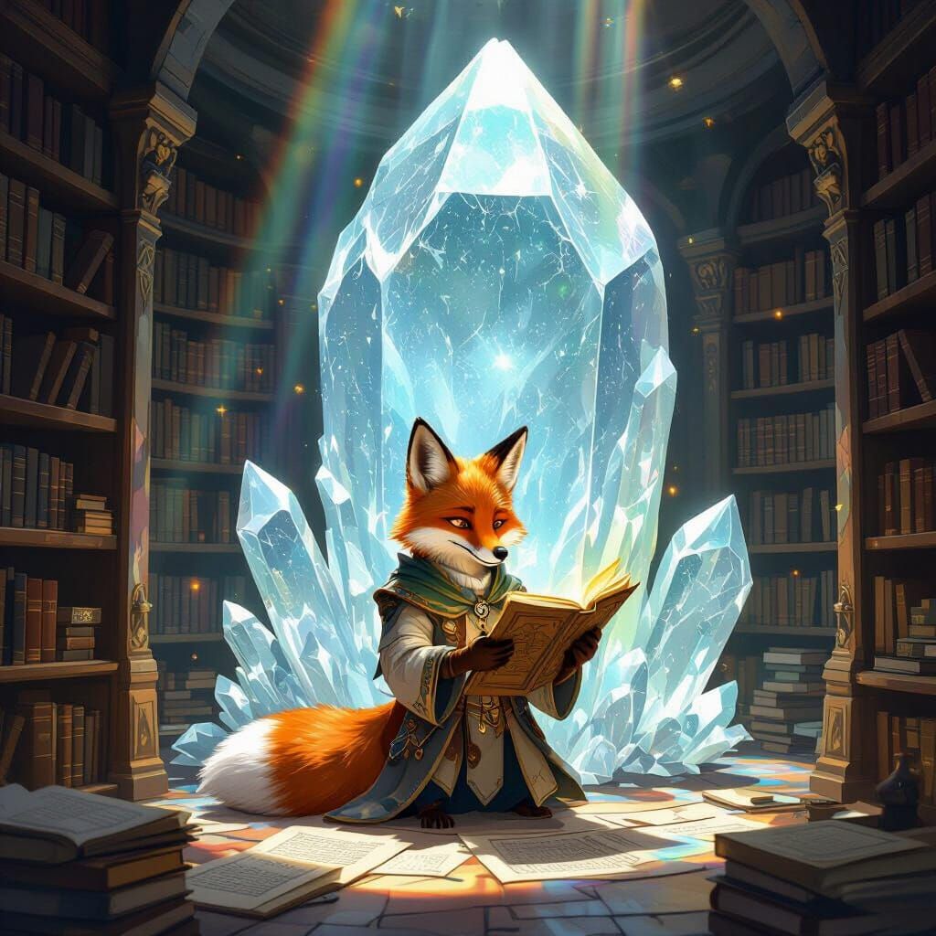 Fox Scholar in Crystal Library: Fantasy Illustration