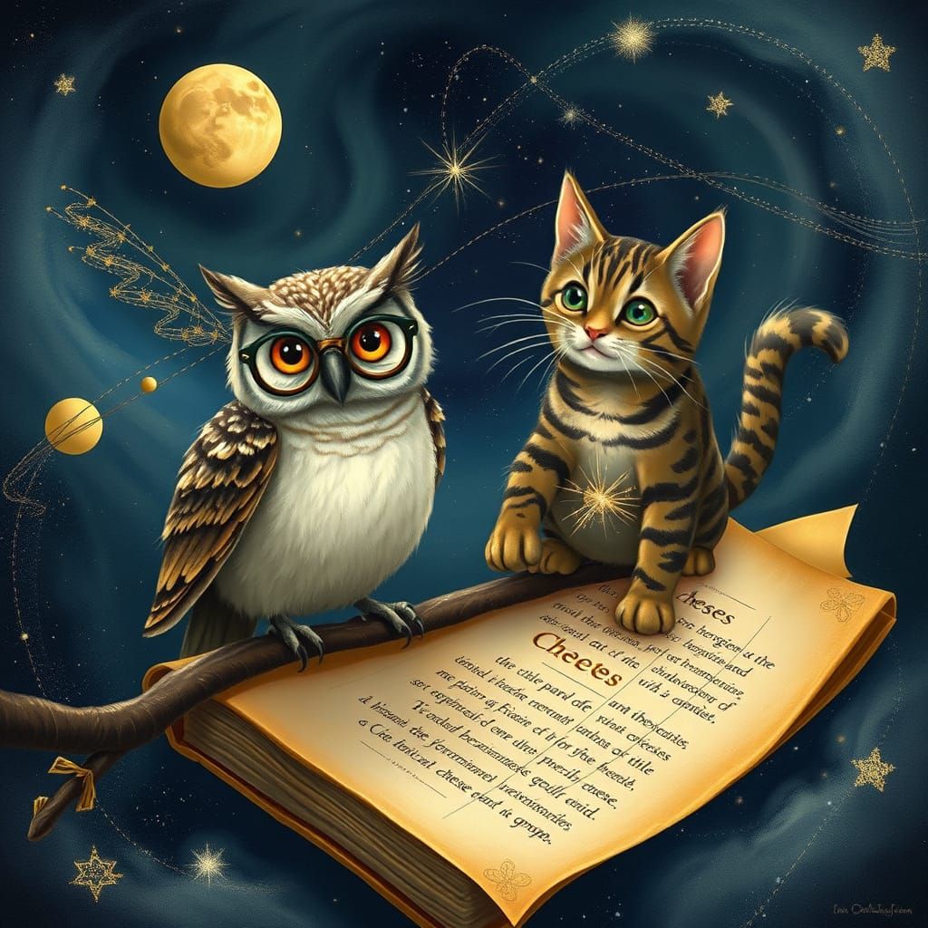 Whimsical Owl and Tabby Cat Embark on Cosmic Cheese Book Adv...