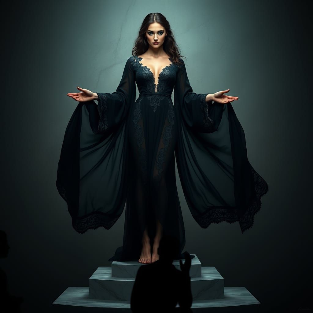 Elegant Goddess in Lace Robe with Emerald Eyes