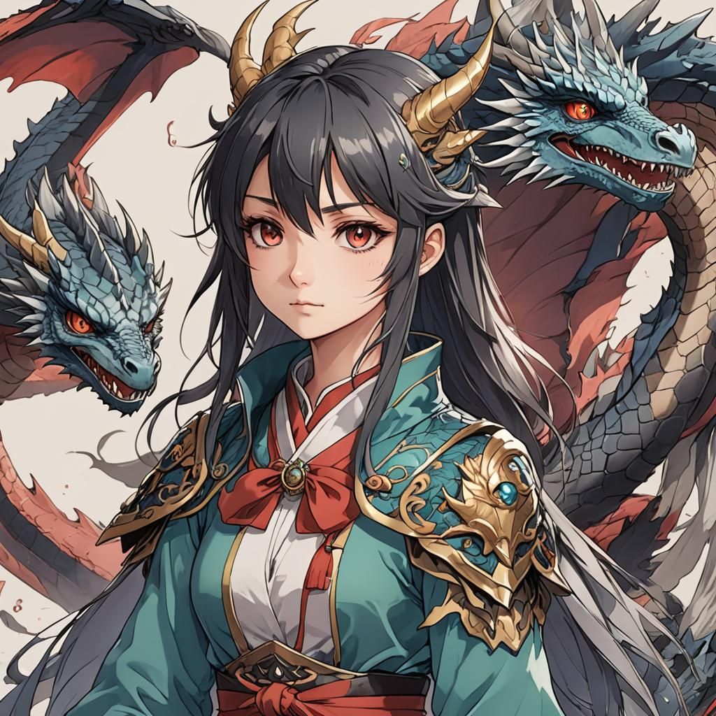 Anime Girl Half Dragon in Manga Style