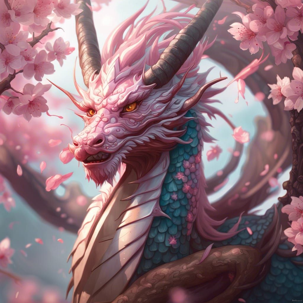 Cherry Blossom Dragon Portrait in Hyperdetailed Style