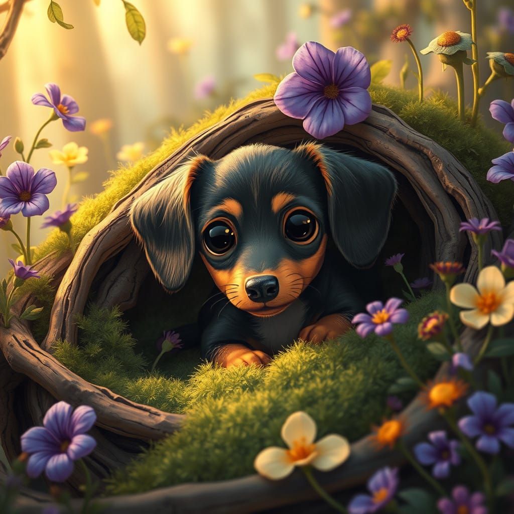Mystical Dachshund Cub in Whimsical Forest Setting