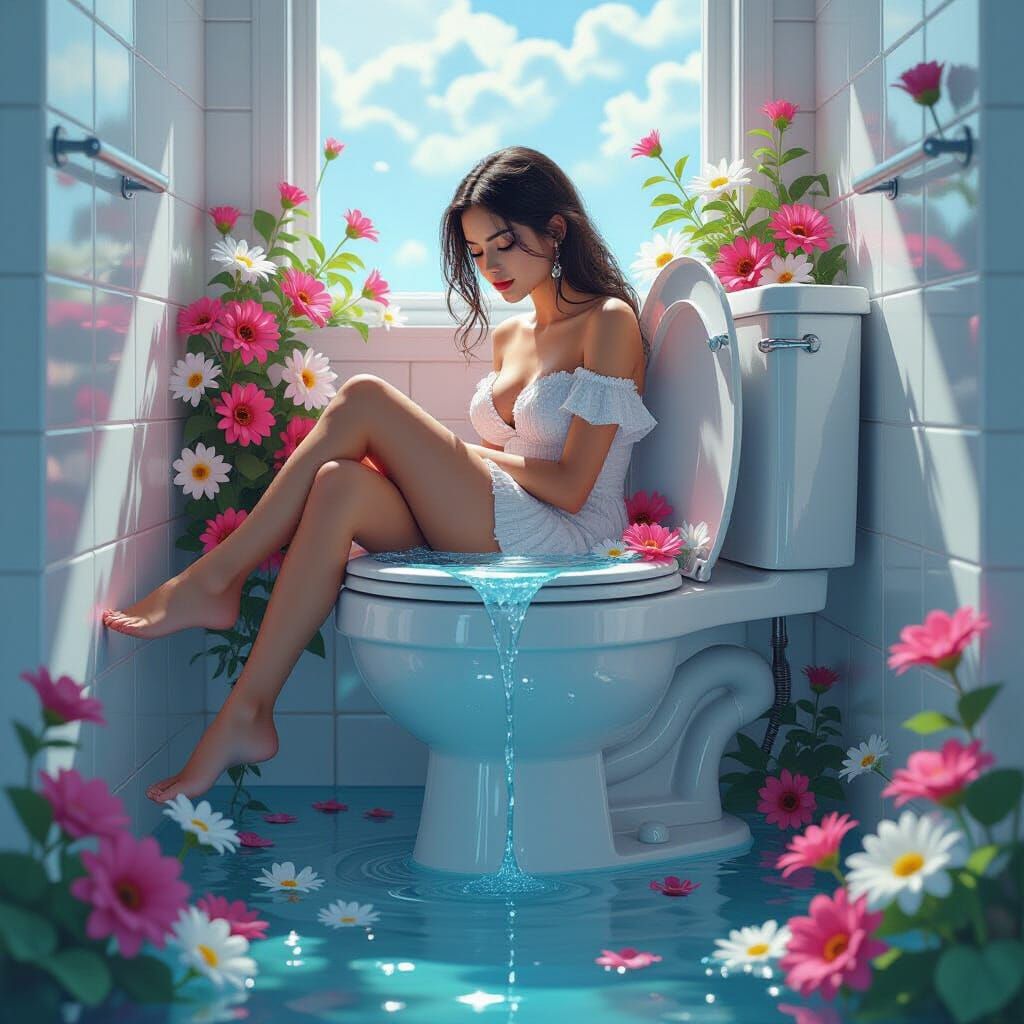 Toilet Overflowing with Flowers in Digital Art Style