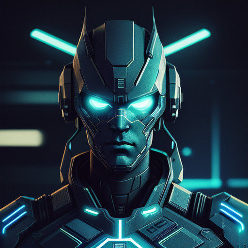 Robotic Soldier in Neon-lit Futuristic Hangar