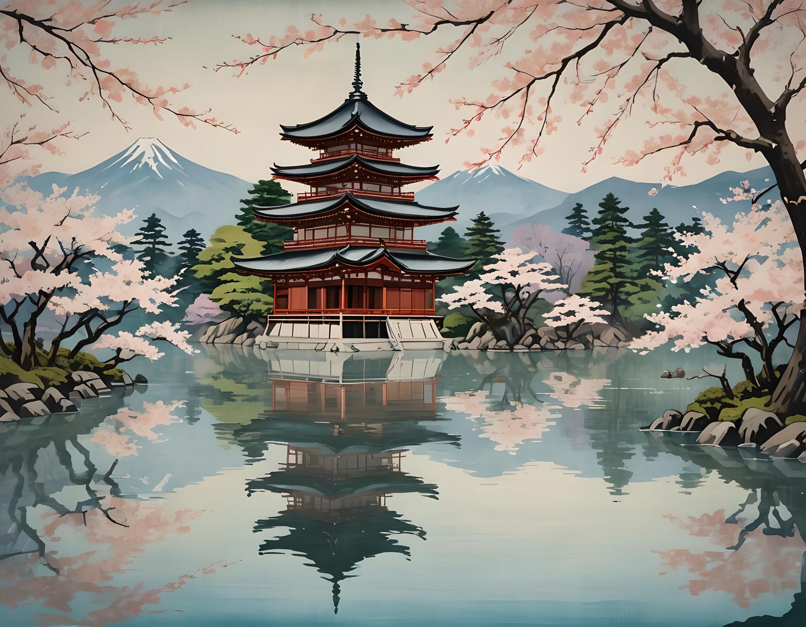 Japanese Temple Reflected in Lake: Ukiyo-e Style