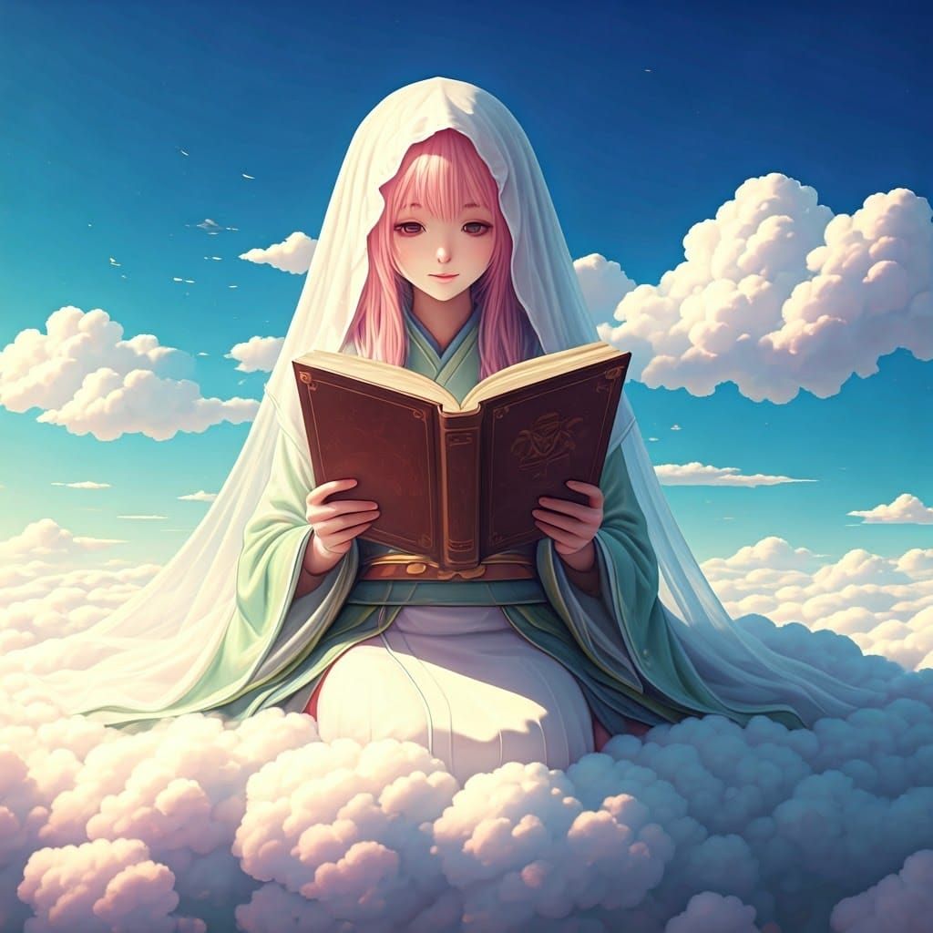 Anime Girl Reading Book on Cloud in Surreal Style