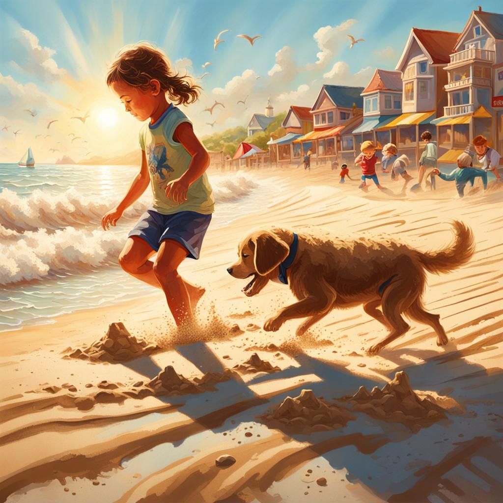 Surreal Beach Scene with Hyperrealistic Sandcastles and Play...