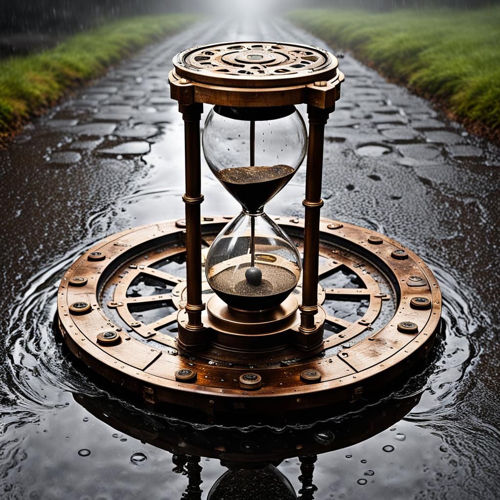 Steampunk Hourglass Above Manhole on Rainy Day