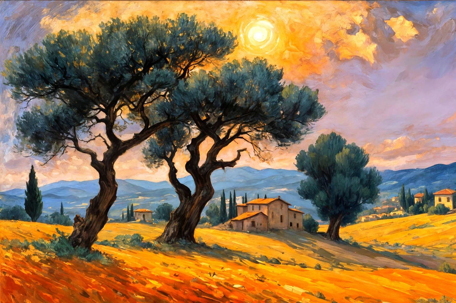 Tuscan Sunset Oil Painting With Vivid Impasto