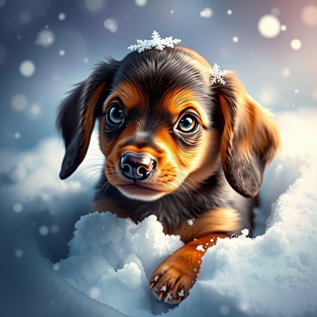 Adorable Dachshund Puppy in Snow: Hyperrealistic Splash Art