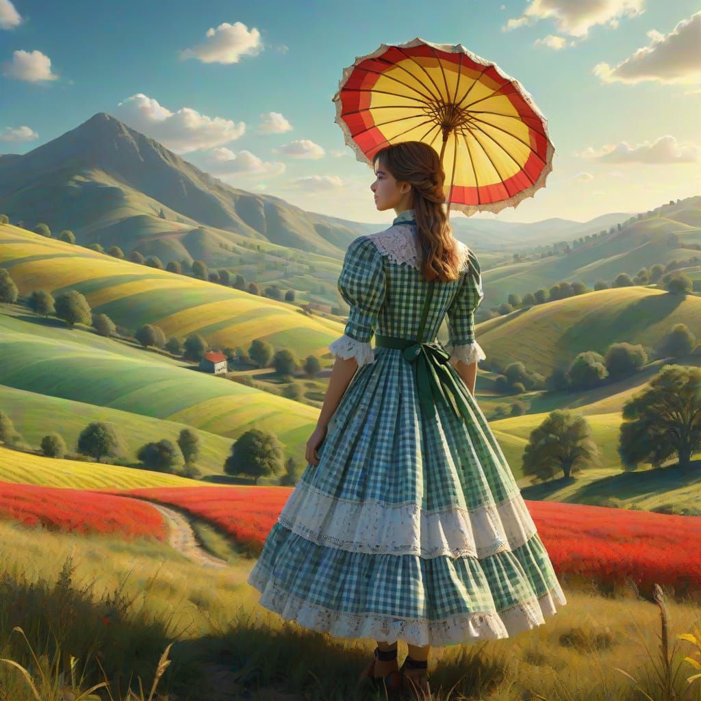 Dreamy Gingham Landscape with Fashionable Woman