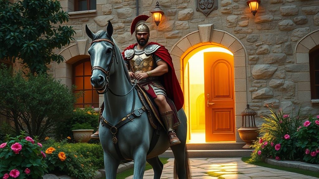 Roman Soldier Arrives at Idyllic Villa in Vibrant, Fantasy-I...