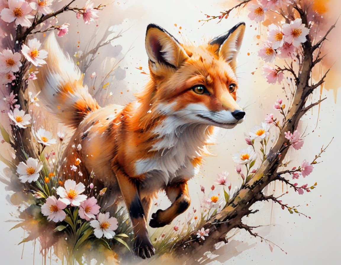Fox Leaping Through Blossoms in Watercolor Style