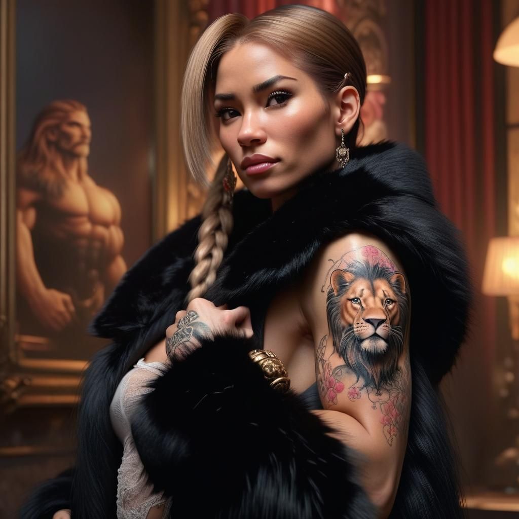 Muscular Barbie with Lion Tattoo, Cinematic Digital Art