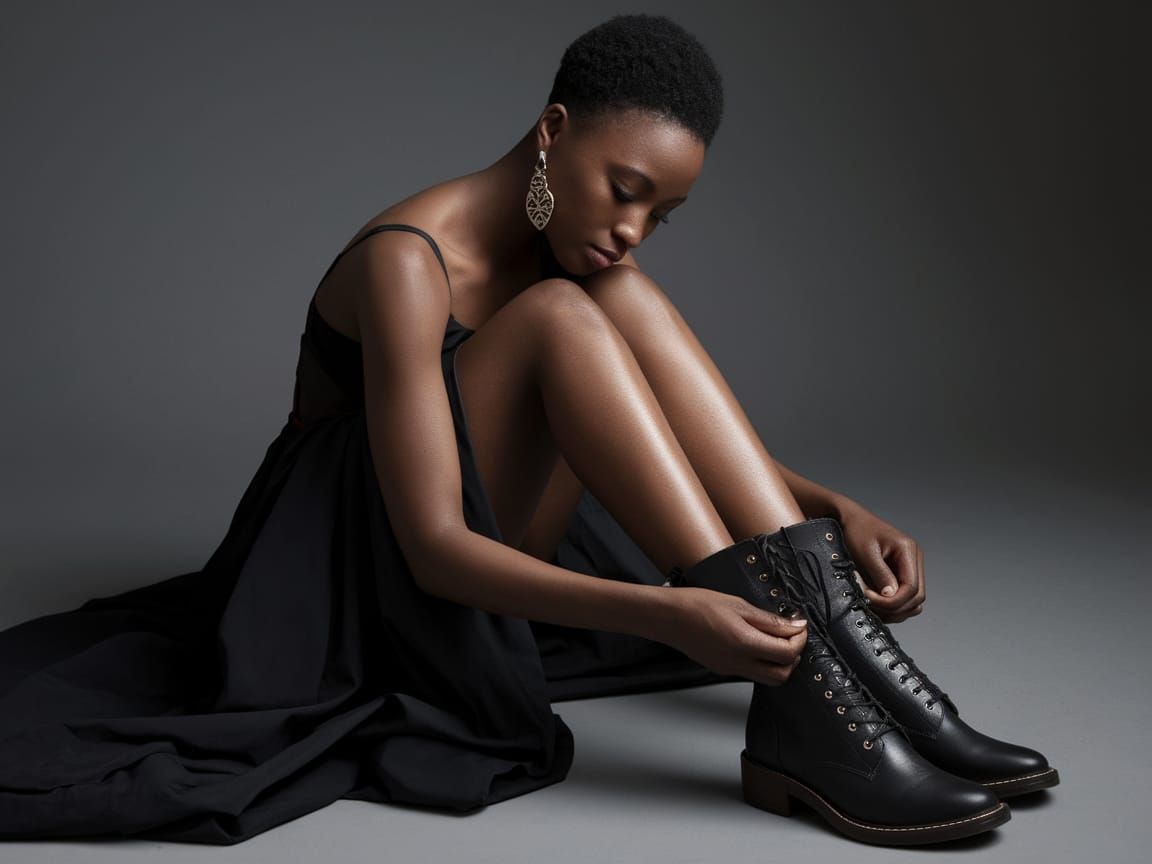 African Model Ties Leather Boots with Focus