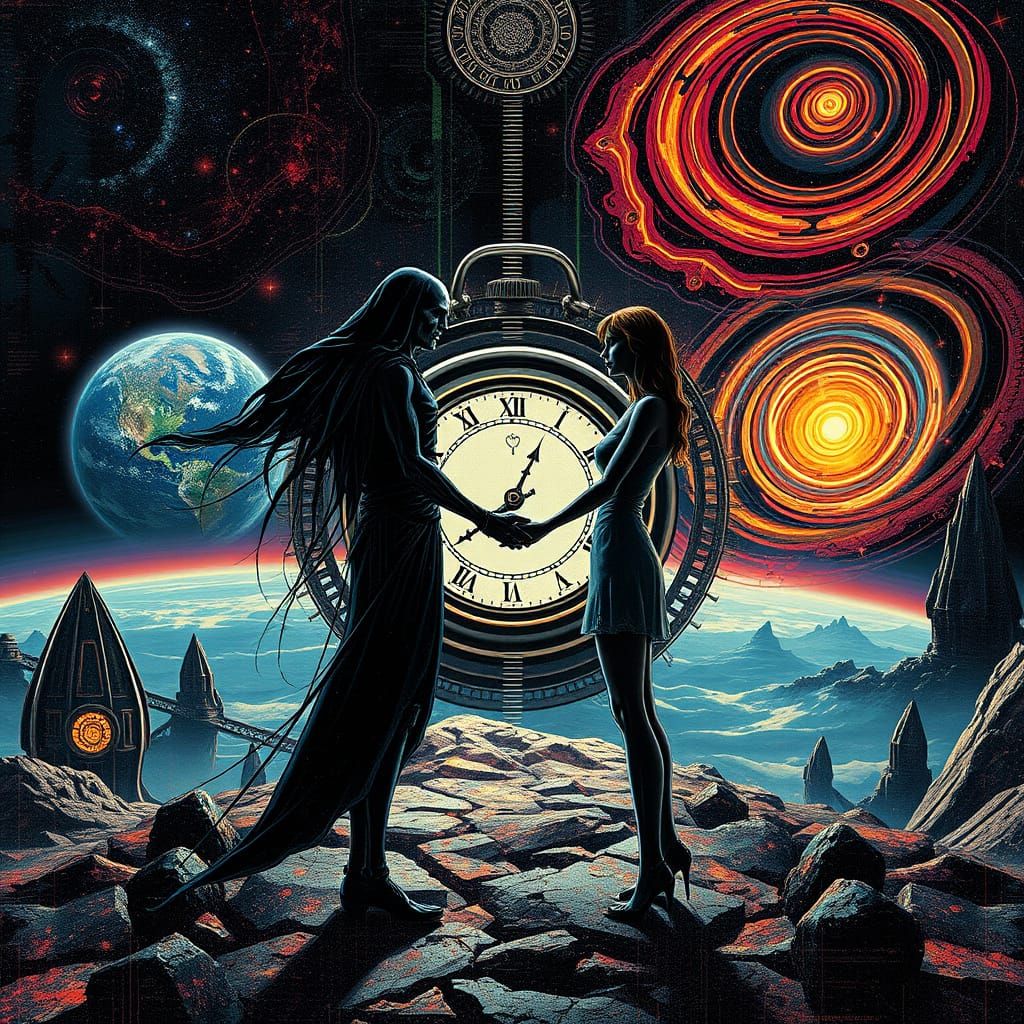 Death and Life Embrace Before a Time Machine in Glitch Art