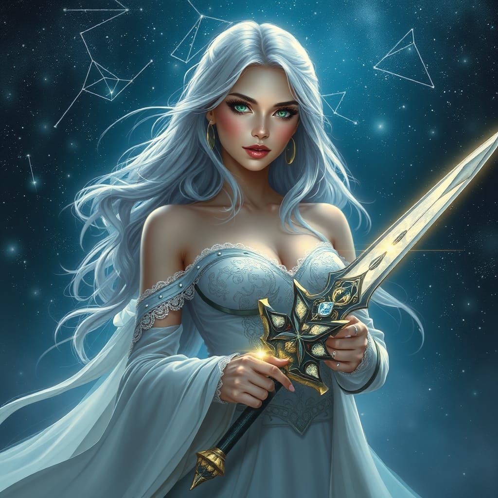 Celestial Woman with Sword in Starry Night