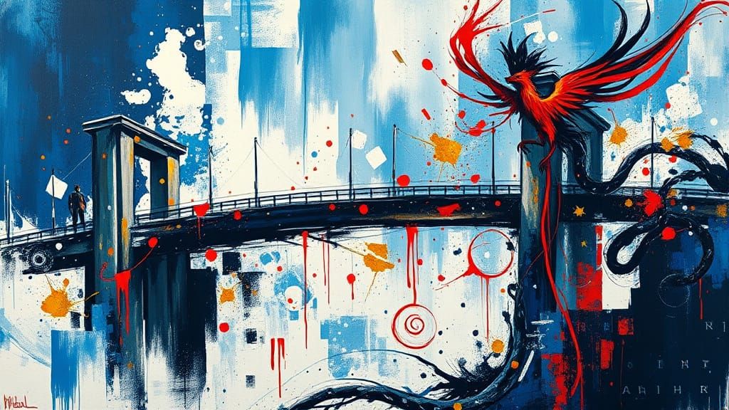 Vibrant Tachisme Depiction of The Threads of Týr Bridge