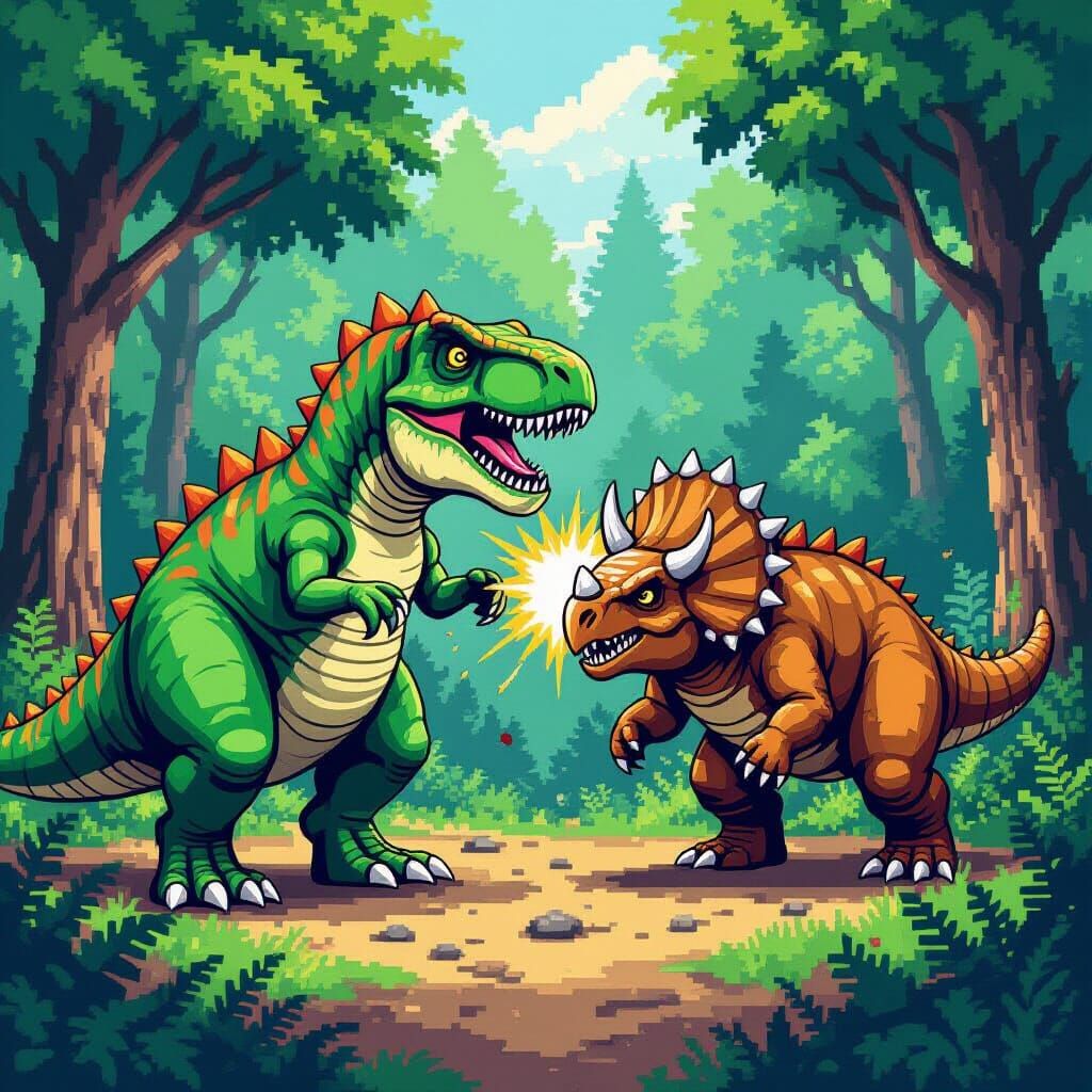 8-Bit T-Rex vs Triceratops Pixel Art