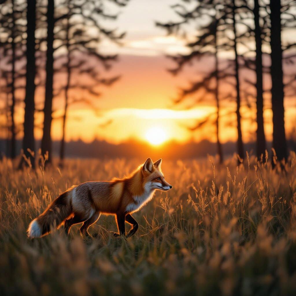 Fox Hunting in Field at Sunset