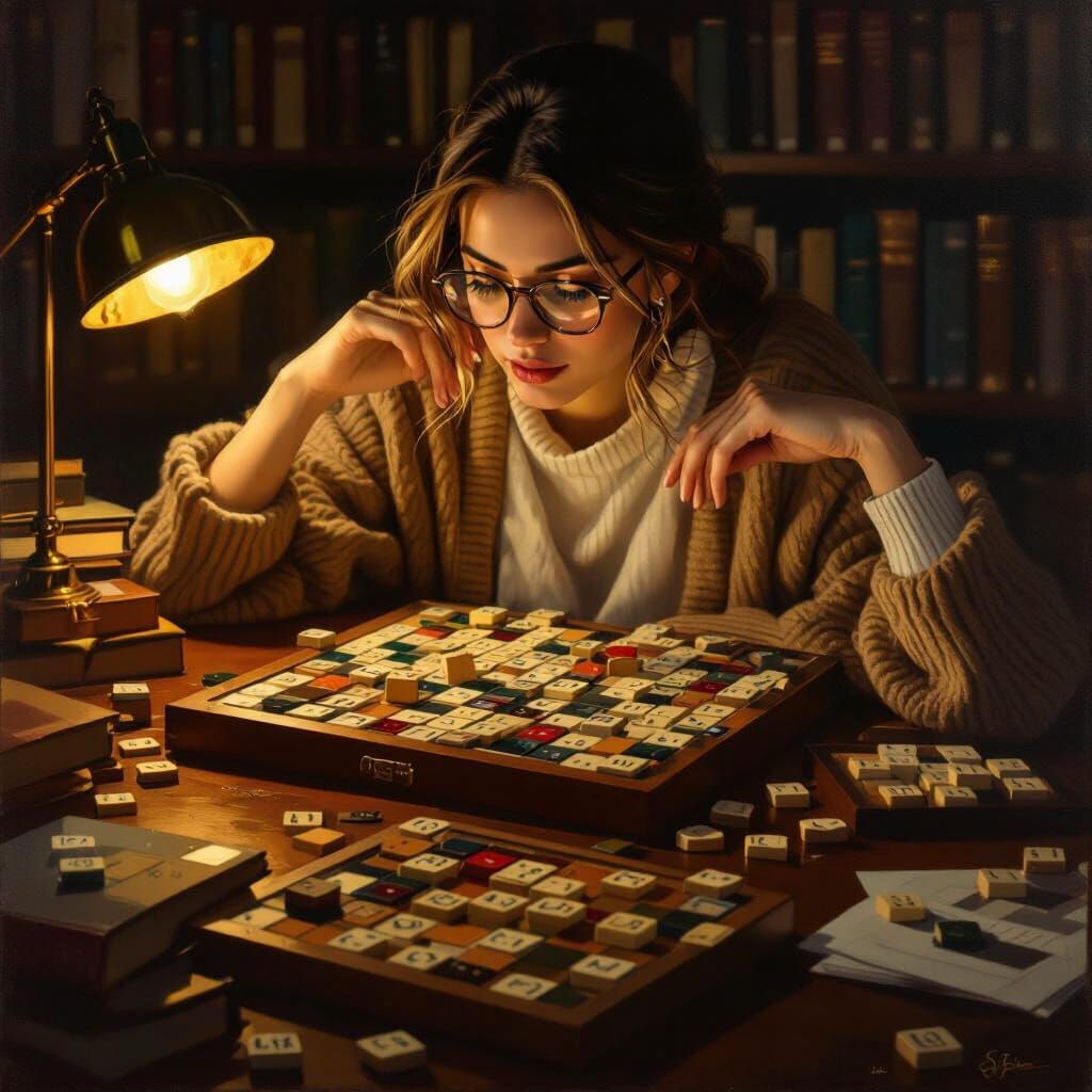 Woman Playing Scrabble in Library, Oil Realism Style