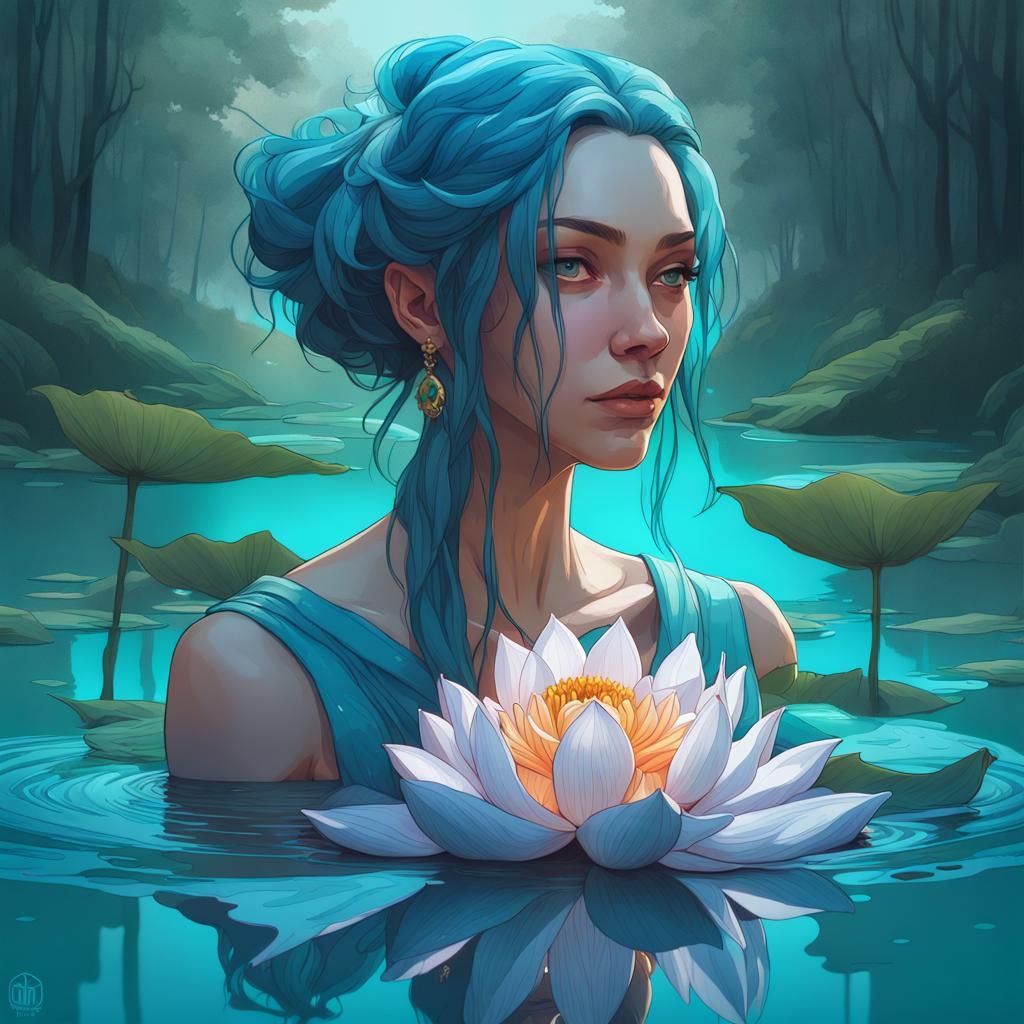 Blooming Blue Lotus Portrait, Vibrant Digital Art