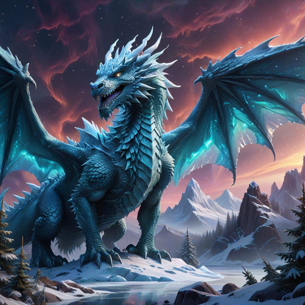 Ice Dragon Guards Winter Valley in Fantasy Digital Illustrat...