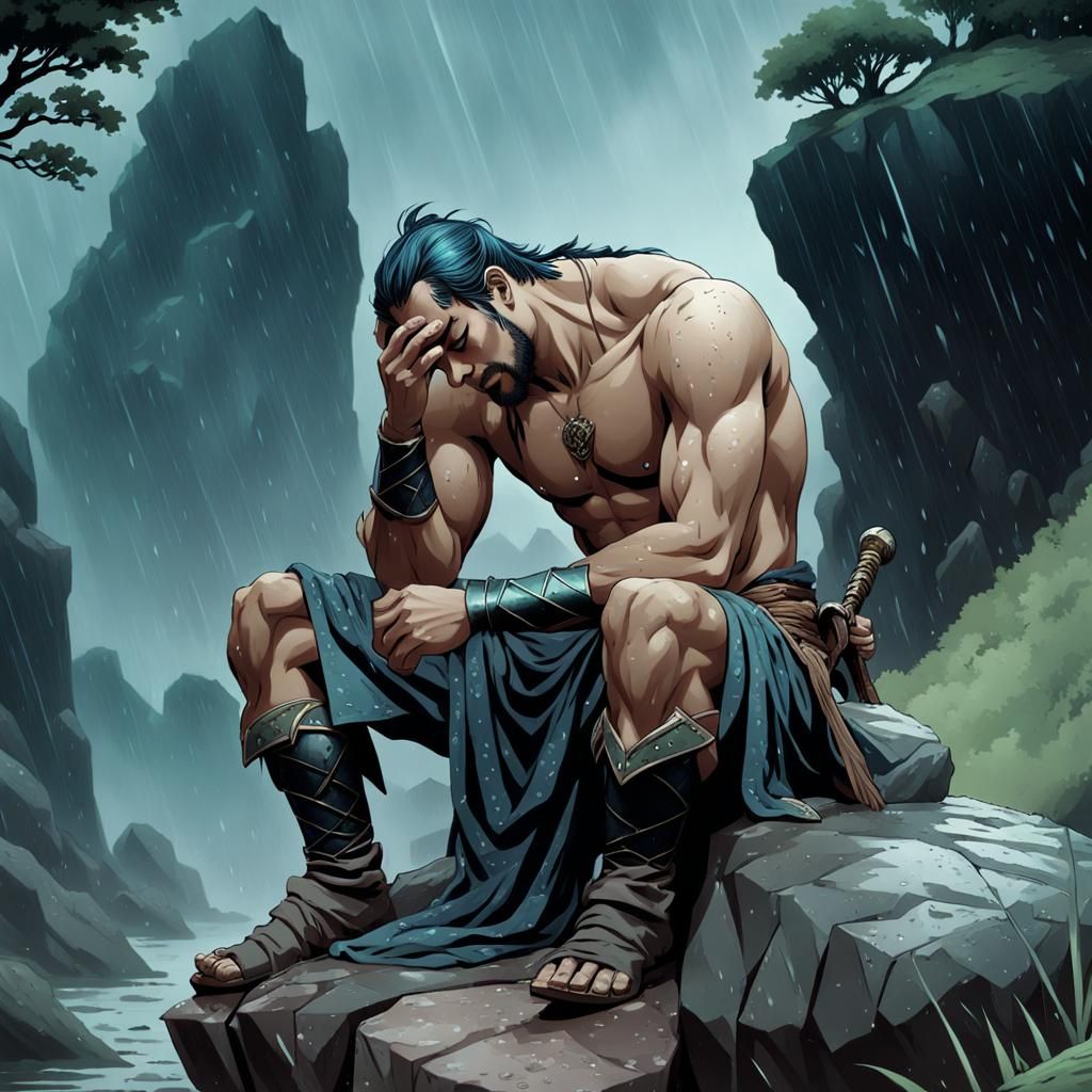 Medieval Fantasy: Man in Grief Under Rain