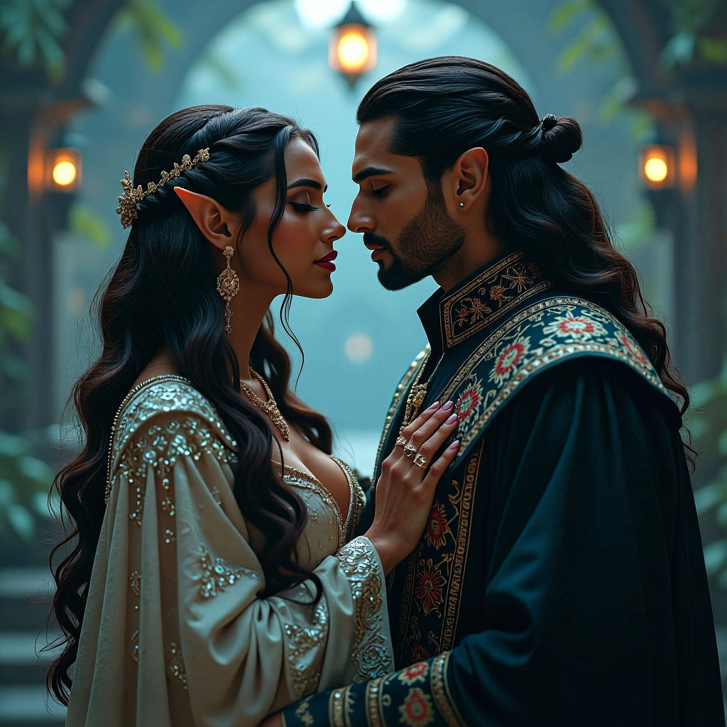 High Elf Wizard Woman About to Kiss Wizard