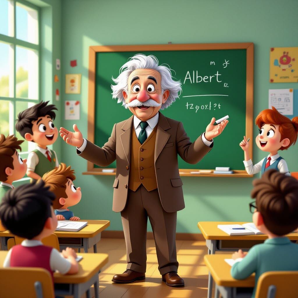 Einstein Cartoon in Playful Classroom Setting