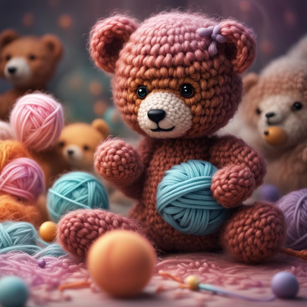 Cute Pastel Teddy Bears Playing: Amigurumi Style