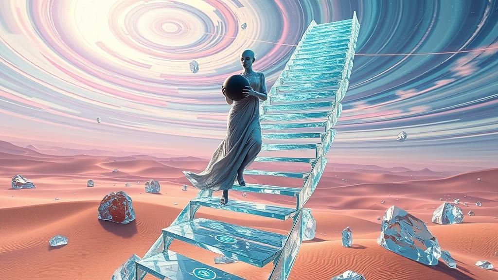 Alien Woman Climbs Glass Staircase in Surreal Desert