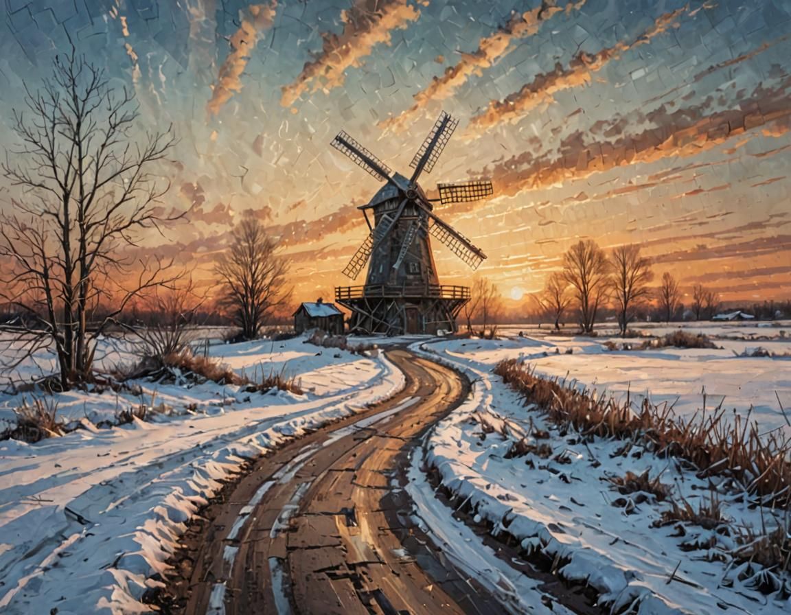 Snowy Windmill Meadow at Sunset as Acrylic Painting