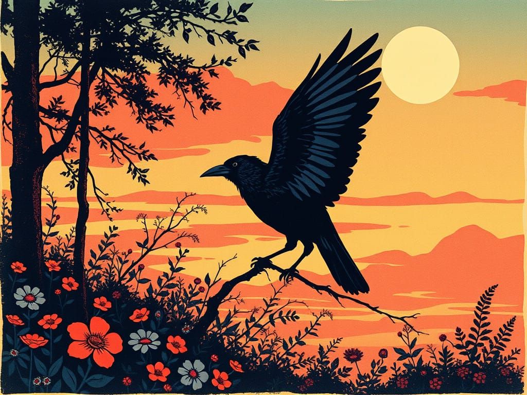 Surreal Forest Dusk in Risograph Style